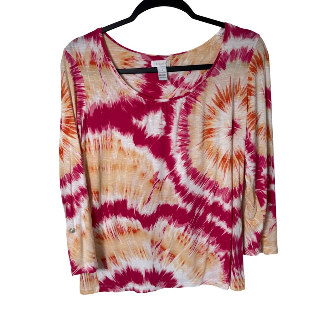 Chico's Pink Orange Tie Dye Sunburst 3/4 Sleeve Top Size Medium Vibrant Colorful
